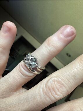 David Yurman Sterling 925 Braided Rope Ring with Clear Stone size 6